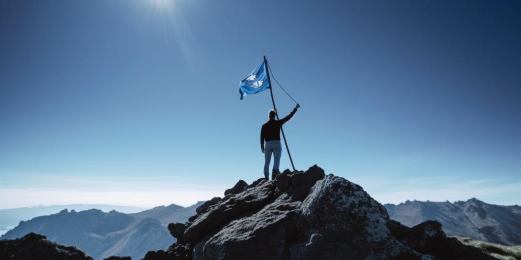 image of a person standing confidently at the top of a mountain, holding a flag with the letters "SEO" on it