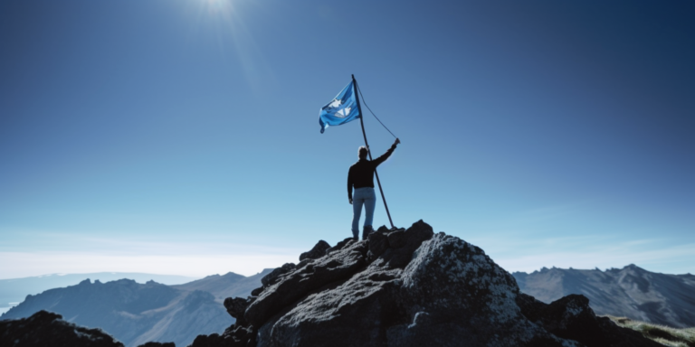 image of a person standing confidently at the top of a mountain, holding a flag with the letters "SEO" on it