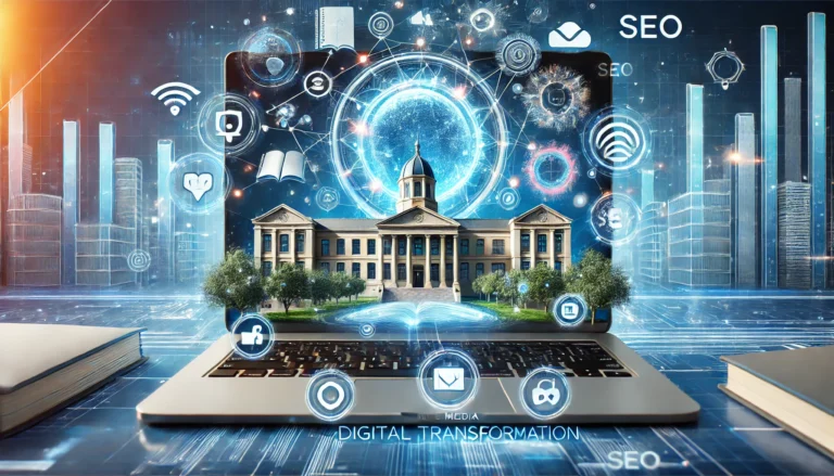 A wide screen image featuring a futuristic digital transformation theme for higher education marketing with an abstract representation of technology