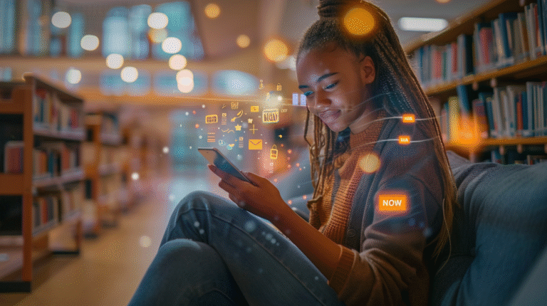 Student discovering ideal university program through mobile search, demonstrating effective higher education SEO and digital recruitment