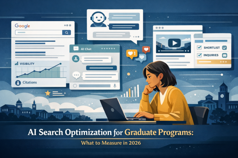 Graduate student researching programs across Google, AI answers, social platforms, and university websites.