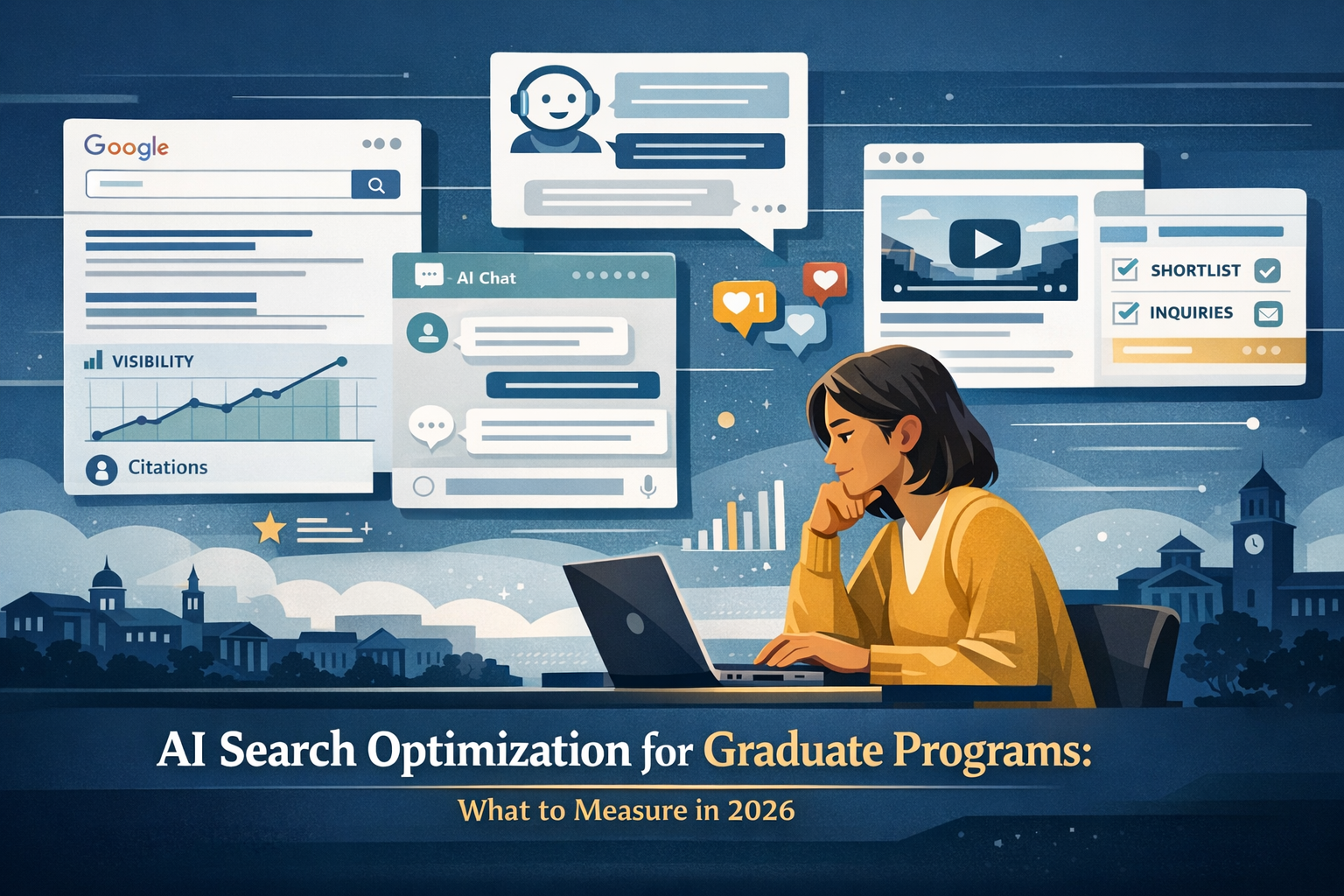Graduate student researching programs across Google, AI answers, social platforms, and university websites.