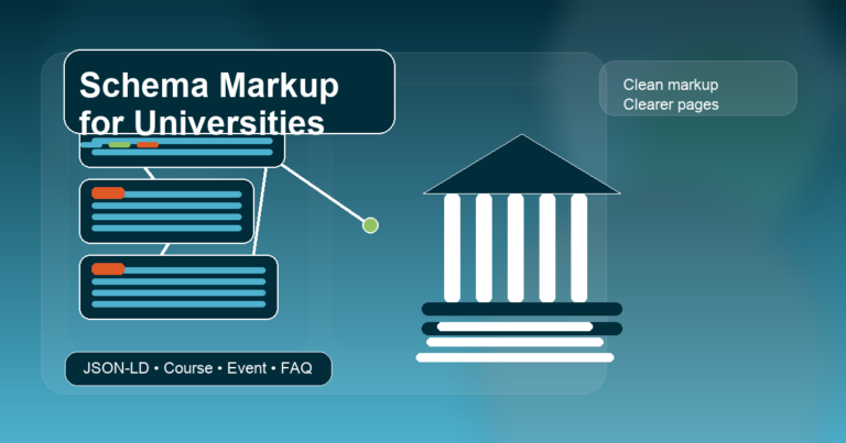 Abstract illustration of a university campus with connected schema nodes and code panels in blue, green, and orange