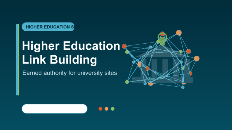 Featured image showing a stylized university building connected by link nodes for a higher education link building guide.