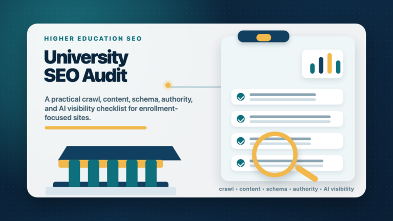 Illustration of a university website SEO audit with a campus building, checklist, crawl map, magnifying glass, and analytics chart.